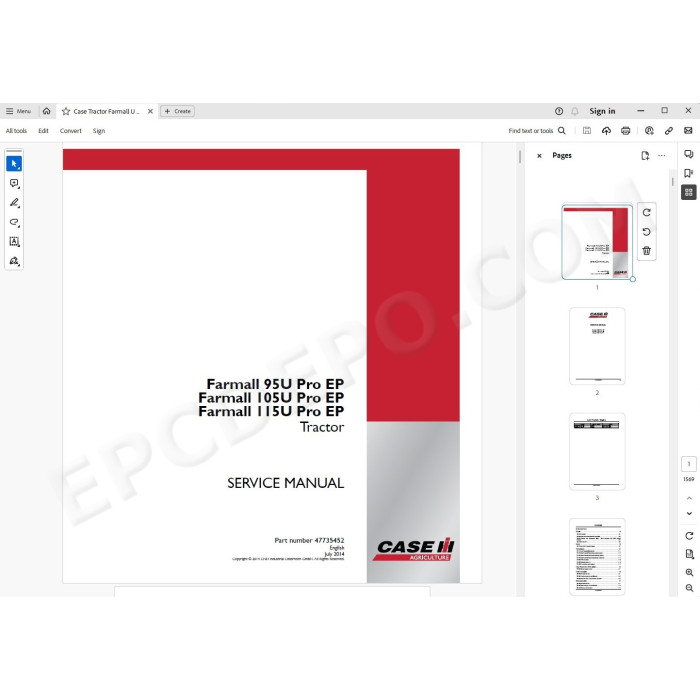 Case Tractor Farmall 95U 105U 115U Pro EP service manual
