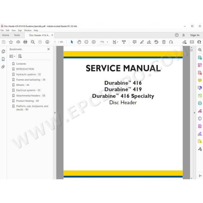 New Holland Disc Header Durabine 416 419 service manual