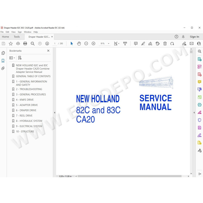 New Holland Draper Header 82C, 83C CA20 service manual