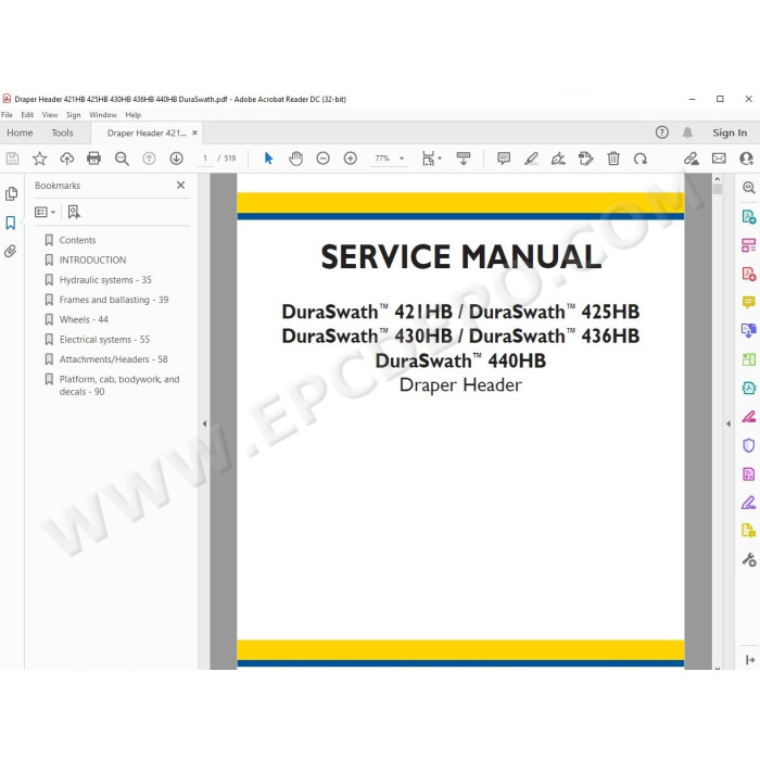 New Holland Draper Header DuraSwath 421HB 425HB 430HB 436HB 440HB service manual
