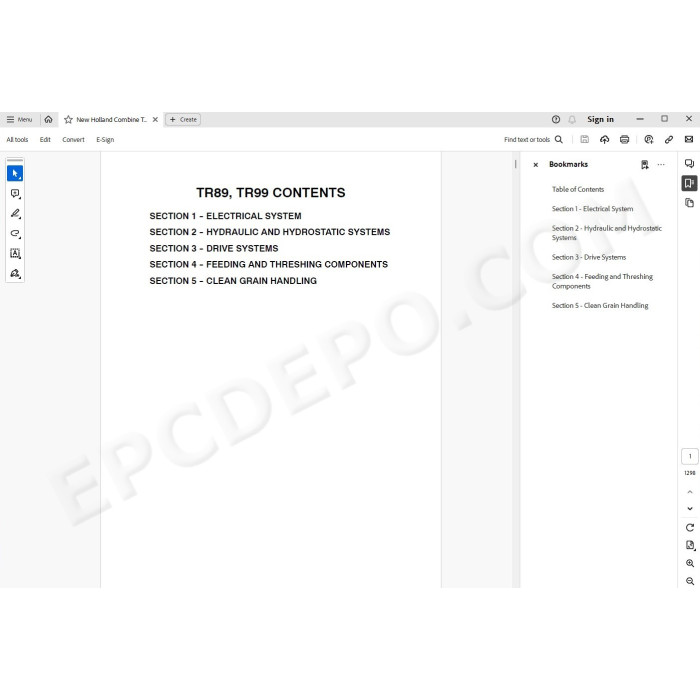 New Holland Combine TR89 TR99 service manual