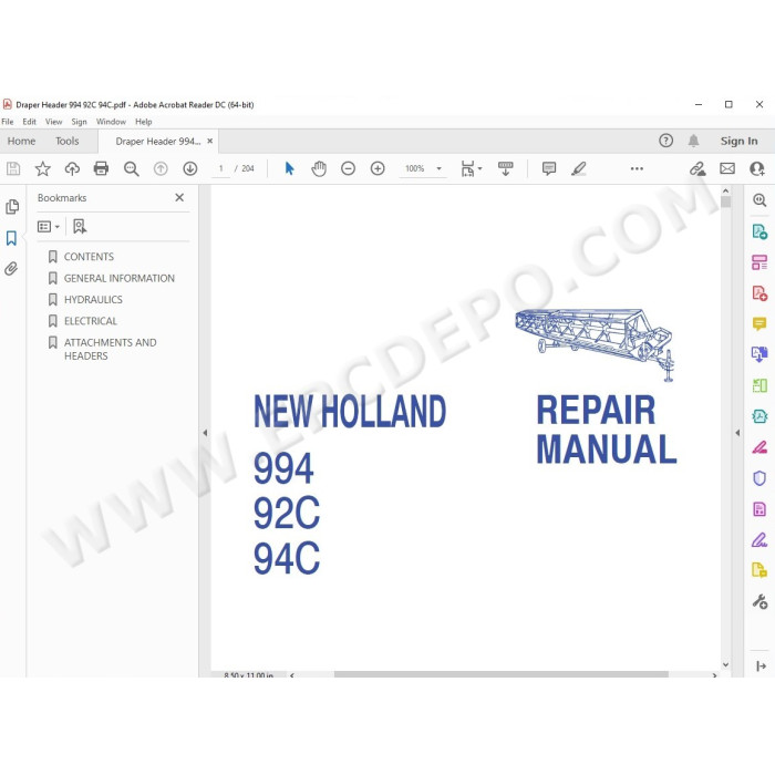 New Holland Draper Header 994 92C 94C service manual