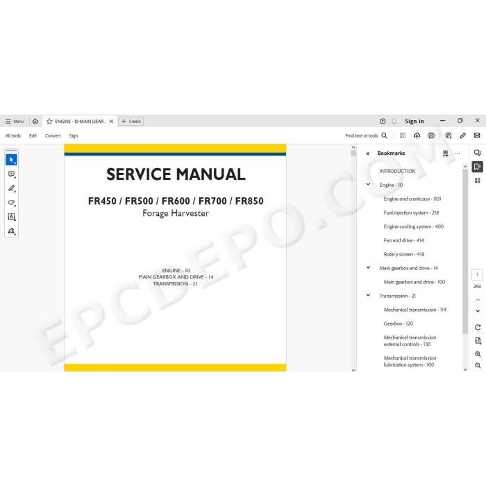 New Holland Forage Harvester FR450 FR500 FR600 FR700 FR850 service manual
