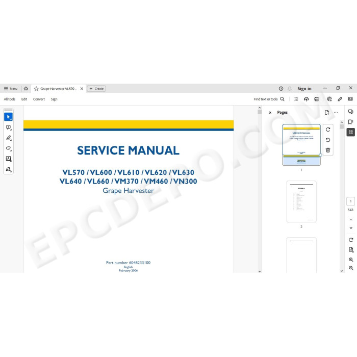 New Holland Grape Harvester VL570 VL600 VL610 VL620 VL630 VL640 VL660 VM370 VM460 VN300 service manual