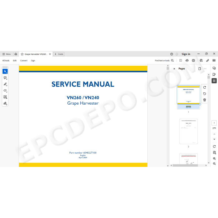 New Holland Grape Harvester VN260 VN240 service manual