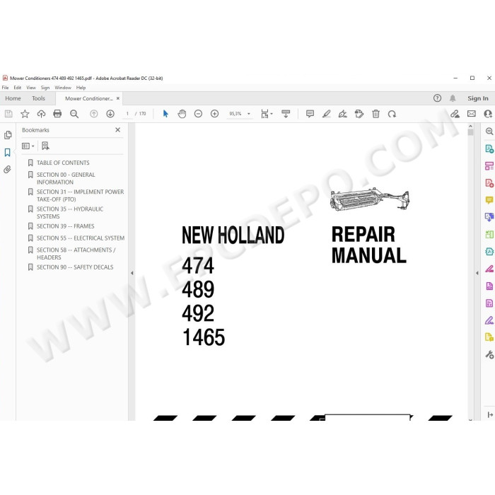 New Holland Disc Mower Conditioner 474 489 492 1465 service manual