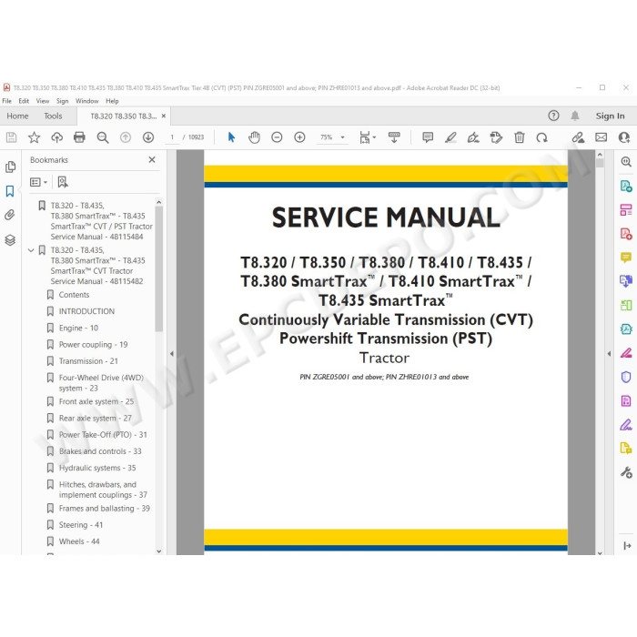 New Holland Tractor T8.320 T8.350 T8.380 T8.410 T8.435 CVT / PST Tier 4B service manual