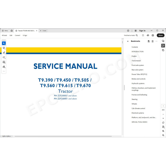New Holland Tractor T9.390 T9.450 T9.505 T9.560 T9.615 T9.670 service manual