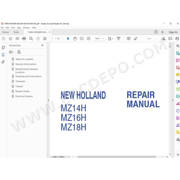 New Holland Turn Mower MZ14H MZ16H MZ18H service manual