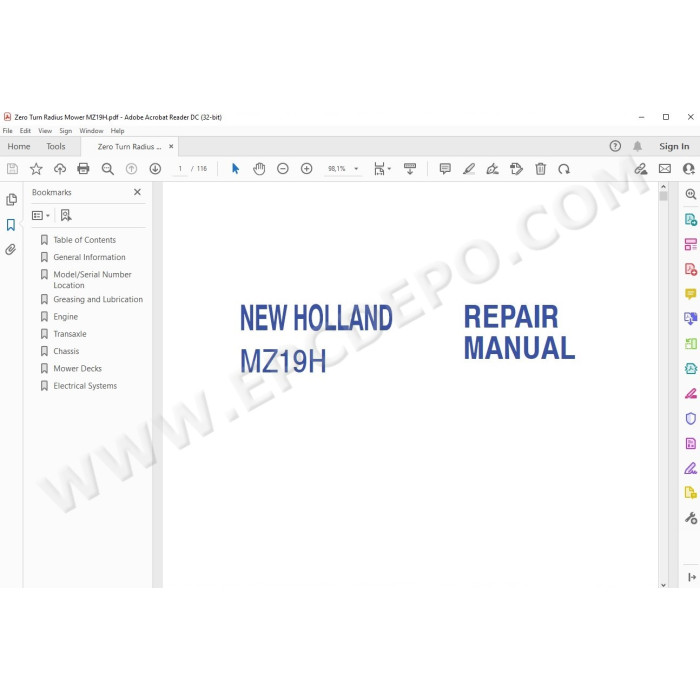 New Holland Zero Turn Mower MZ19H service manual