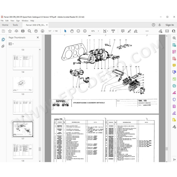 Ferrari 308 GTB GTS 1975 - 1985 spare parts manual