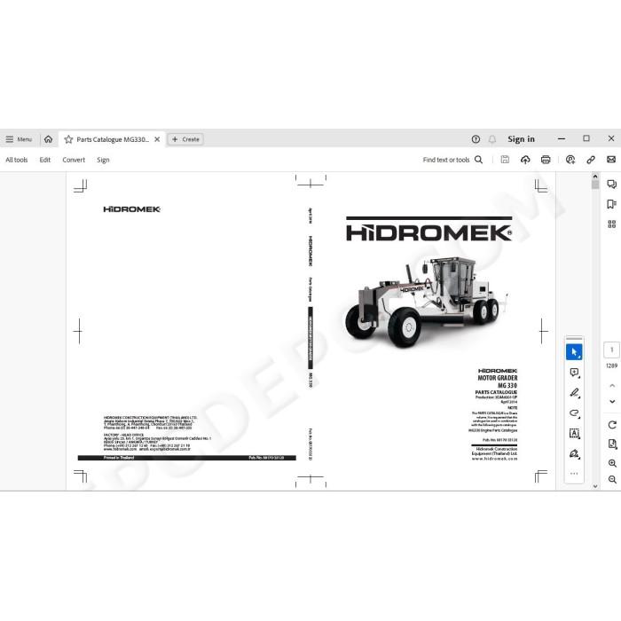 Hidromek Motor Grader MG330 spare parts manual