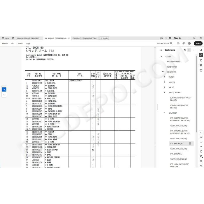 Hitachi Excavator Zaxis ZX130-7 ZX130LCN-7 spare parts manual