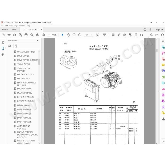 Hitachi Excavator Zaxis ZX135US ZX135US-E ZX135USK spare parts manual