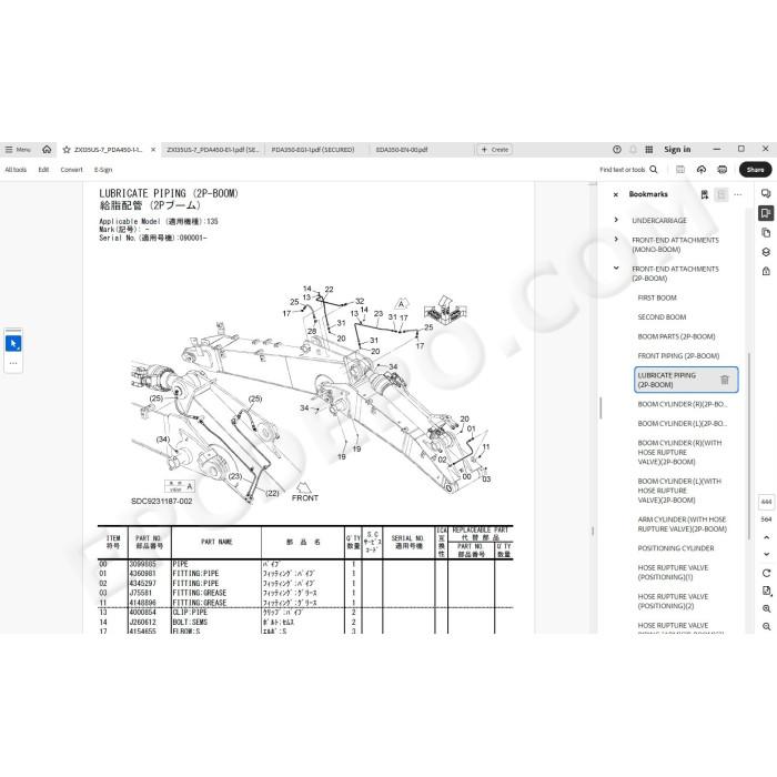 Hitachi Excavator Zaxis ZX135US-7 spare parts manual