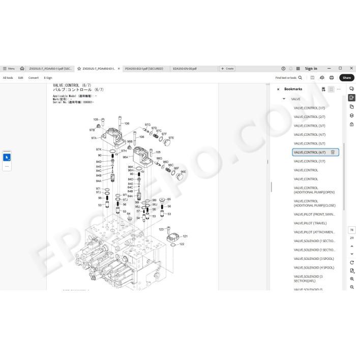 Hitachi Excavator Zaxis ZX135US-7 spare parts manual