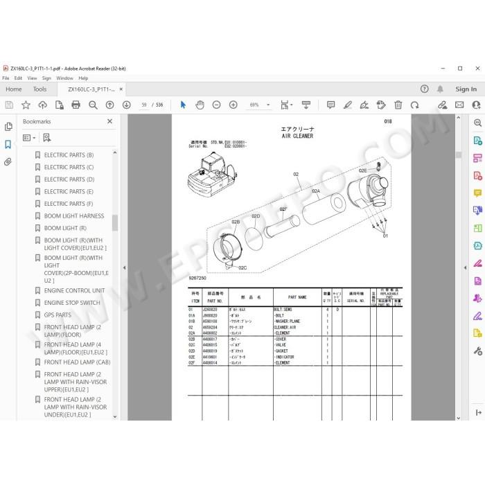 Hitachi Excavator Zaxis ZX160LC-3 spare parts manual