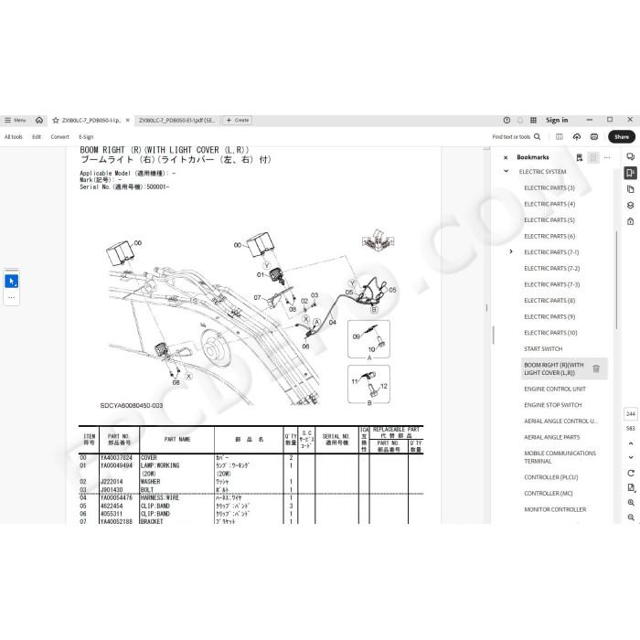 Hitachi Excavator Zaxis ZX180LC-7 ZX180LCN-7 spare parts manual