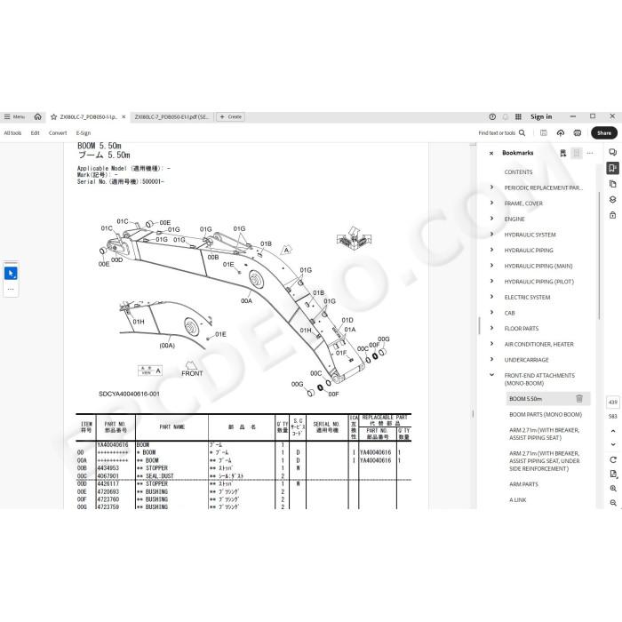 Hitachi Excavator Zaxis ZX180LC-7 ZX180LCN-7 spare parts manual