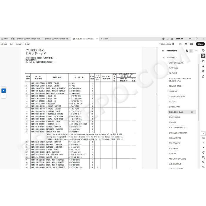 Hitachi Excavator Zaxis ZX180LC-7 ZX180LCN-7 spare parts manual