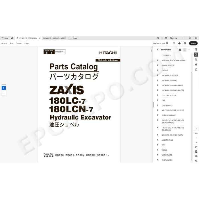 Hitachi Excavator Zaxis ZX180LC-7 ZX180LCN-7 spare parts manual