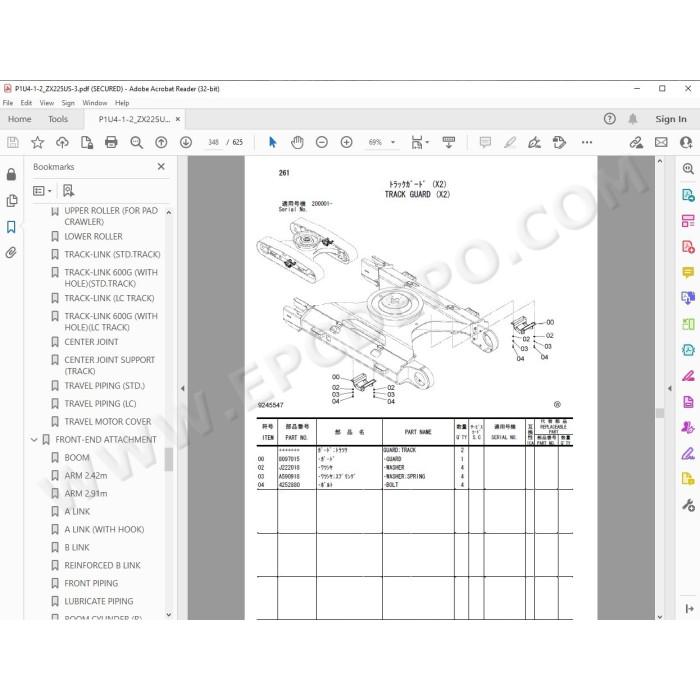 Hitachi Excavator Zaxis ZX225US-3 ZX225USLC-3 spare parts manual