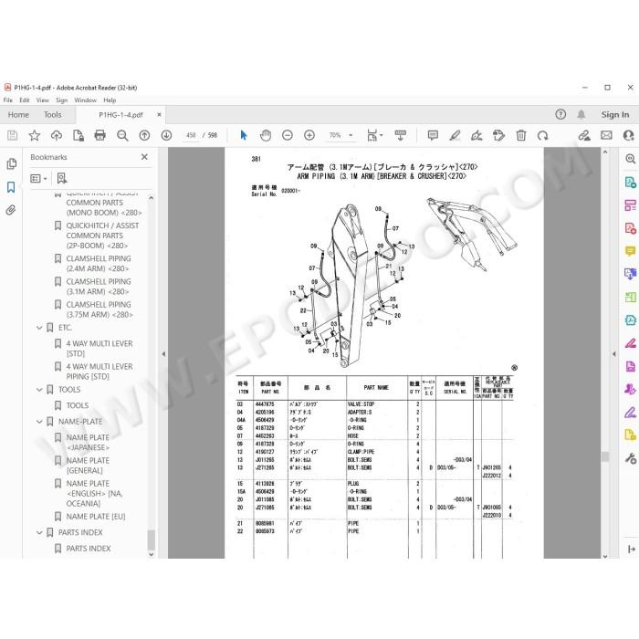 Hitachi Excavator Zaxis ZX270 ZX270LC ZX280LC ZX280LCN spare parts manual