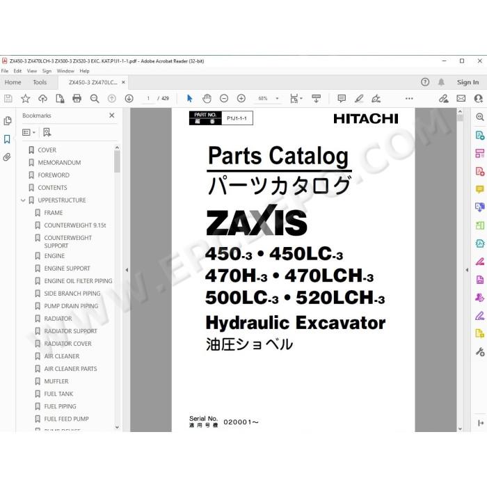 Hitachi Excavator Zaxis ZX450-3 ZX450LC-3 ZX470H-3 ZX470LCH-3 ZX500LC-3 ZX520LCH-3 spare parts manual