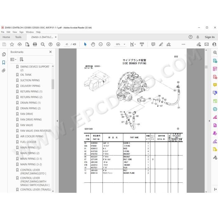 Hitachi Excavator Zaxis ZX450-3 ZX450LC-3 ZX470H-3 ZX470LCH-3 ZX500LC-3 ZX520LCH-3 spare parts manual