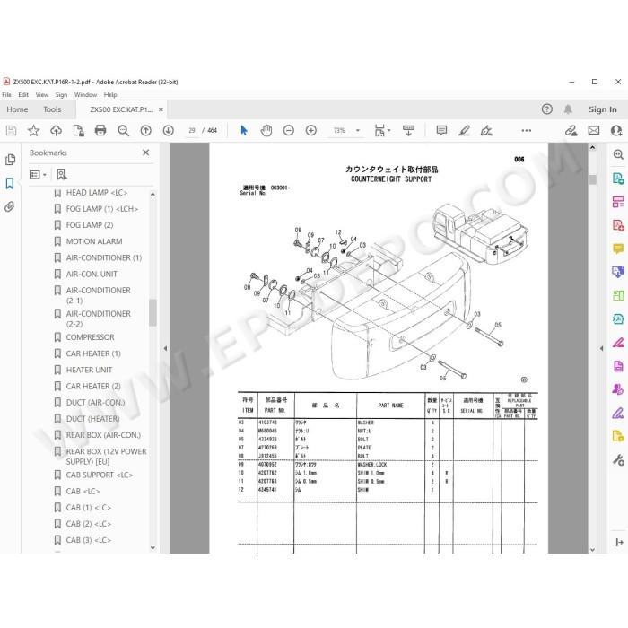 Hitachi Excavator Zaxis ZX500LC ZX500LCH spare parts manual