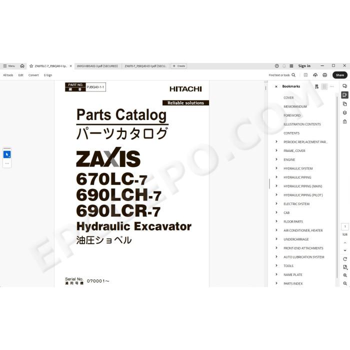 Hitachi Excavator Zaxis ZX670LC-7 ZX690LCH-7 ZX690LCR-7 spare parts manual