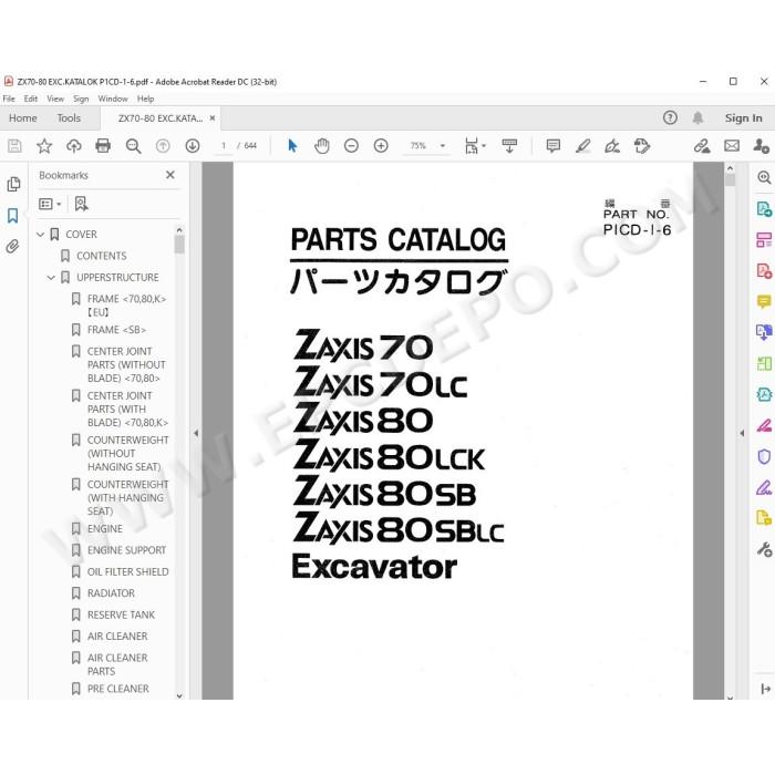 Hitachi Excavator Zaxis ZX70 ZX70LC ZX80 ZX80LCK ZX80SB ZX80SBLC spare parts manual