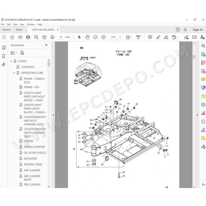 Hitachi Excavator Zaxis ZX70 ZX70LC ZX80 ZX80LCK ZX80SB ZX80SBLC spare parts manual
