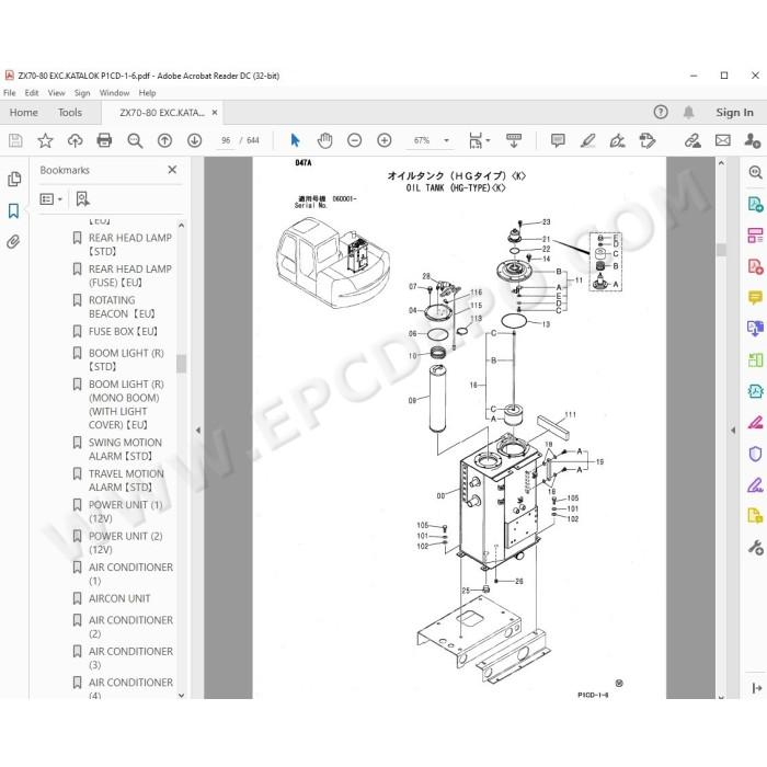 Hitachi Excavator Zaxis ZX70 ZX70LC ZX80 ZX80LCK ZX80SB ZX80SBLC spare parts manual