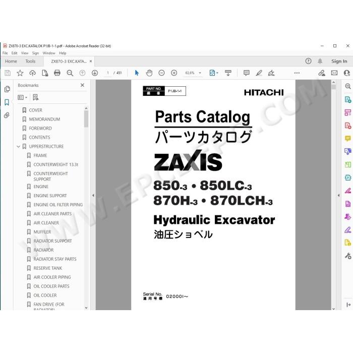Hitachi Excavator Zaxis ZX850-3 ZX850LC-3 ZX870H-3 ZX870LCH-3 spare parts manual