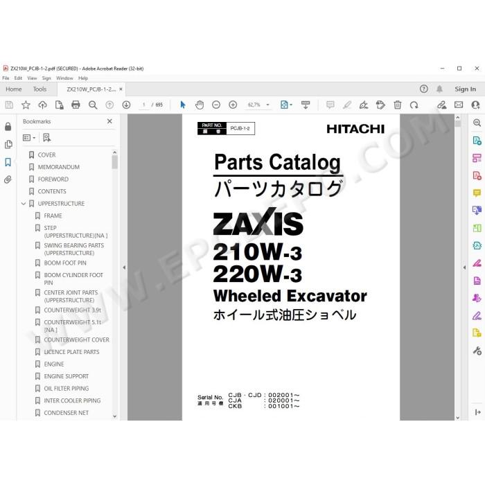 Hitachi Wheeled Excavator Zaxis ZX210W-3 ZX220W-3 spare parts manual