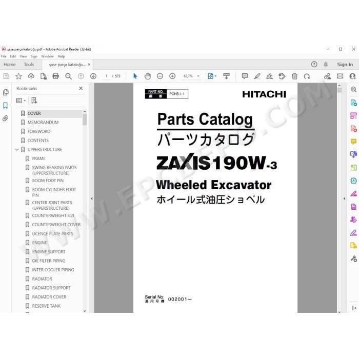 Hitachi Wheeled Excavator Zaxis ZX190W-3 spare parts manual