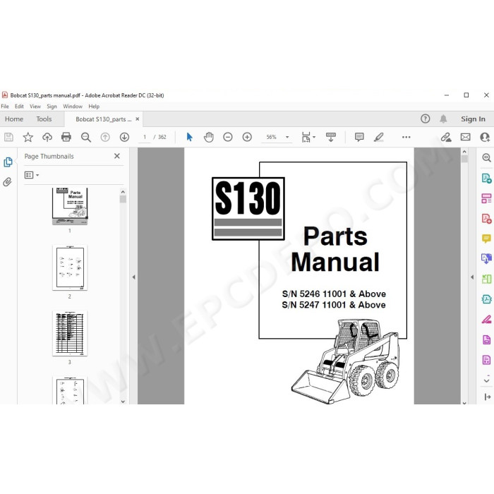 Bobcat S130 Skid Steer Loader EPC spare parts manual