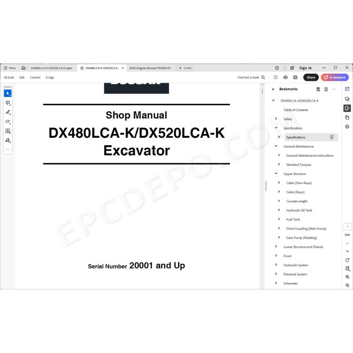 DOOSAN EXCAVATOR DX480LCA-K DX520LCA-K SERVICE & REPAIR MANUAL