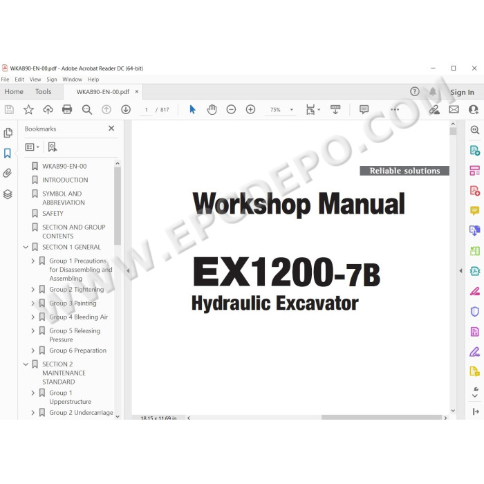 Hitachi Excavator EX1200-7B parts manual + workshop service manual