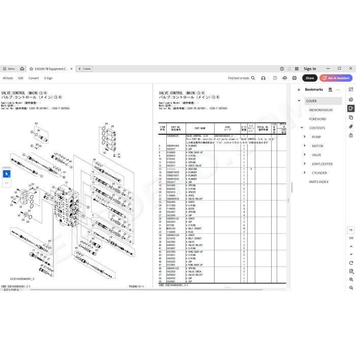 Hitachi Excavator EX1200-7B parts manual + workshop service manual
