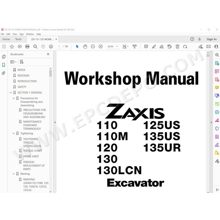 Hitachi Excavator Zaxis ZX110 ZX110M ZX120 ZX130 ZX130LCN ZX125US ZX135US ZX135UR parts + workshop service manual