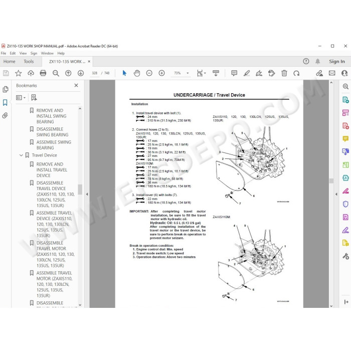 Hitachi Excavator Zaxis ZX110 ZX110M ZX120 ZX130 ZX130LCN ZX125US ZX135US ZX135UR parts + workshop service manual