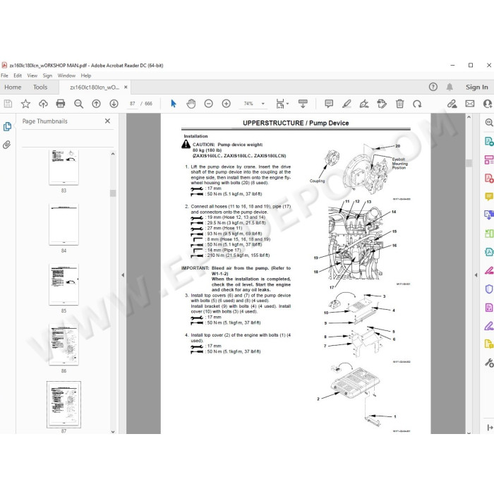 Hitachi Excavator Zaxis ZX160LC ZX180LC ZX180LCN parts + workshop service manual