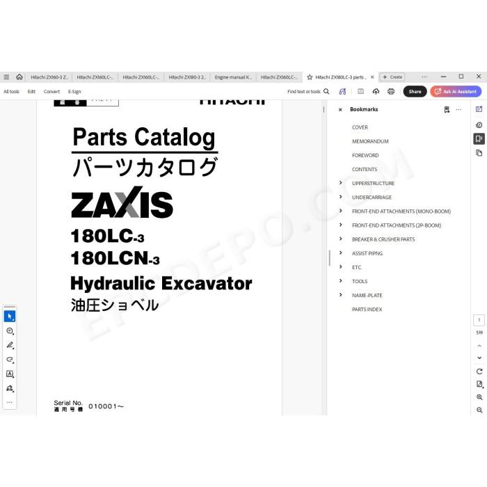 Hitachi Excavator Zaxis ZX160LC-3 ZX180LC-3 ZX180LCN-3 parts + workshop service manual