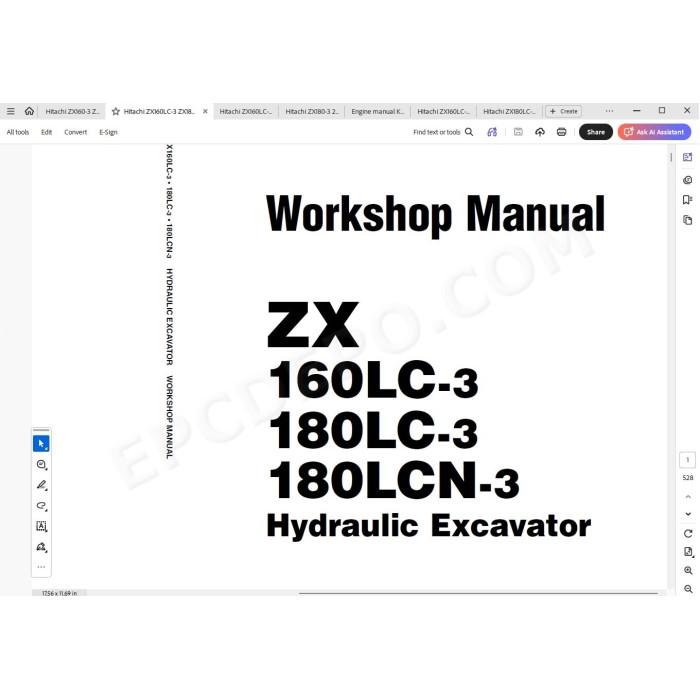 Hitachi Excavator Zaxis ZX160LC-3 ZX180LC-3 ZX180LCN-3 parts + workshop service manual