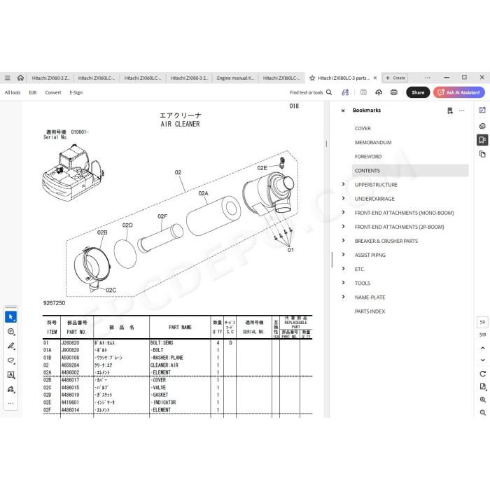 Hitachi Excavator Zaxis ZX160LC-3 ZX180LC-3 ZX180LCN-3 parts + workshop service manual