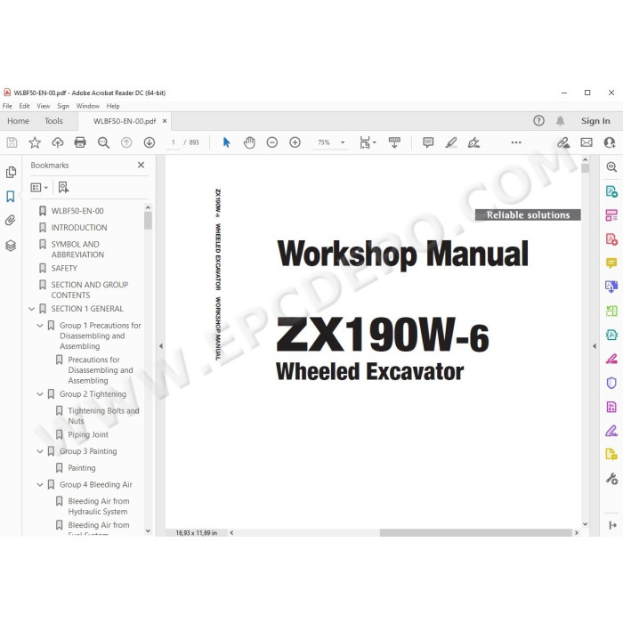 Hitachi Wheeled Excavator Zaxis ZX190W-6 workshop service manual