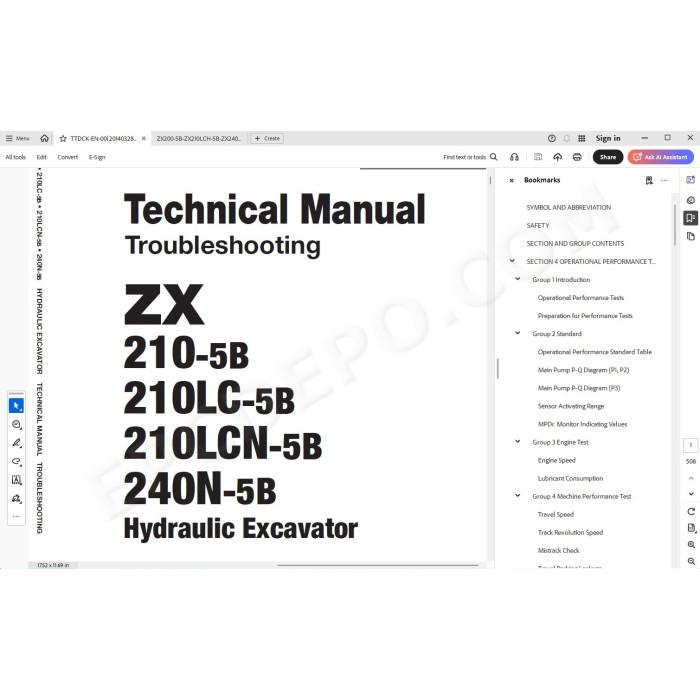 Hitachi Excavator Zaxis ZX210-5B ZX210LC-5B ZX210LCN-5B ZX240N-5B parts + workshop manual