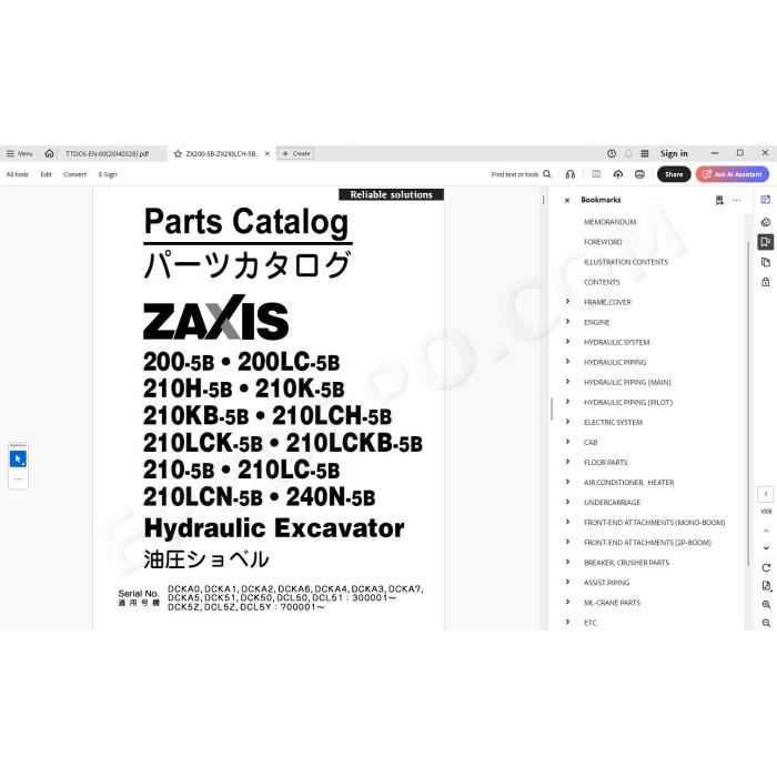 Hitachi Excavator Zaxis ZX210-5B ZX210LC-5B ZX210LCN-5B ZX240N-5B parts + workshop manual